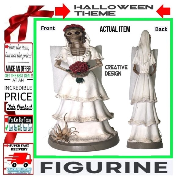 🛑 SKELETON ➕🆒 FIGURINE Bride Red Roses Halloween Day of Dead Decor 💸BUY NOW‼️ - Picture 3 of 16